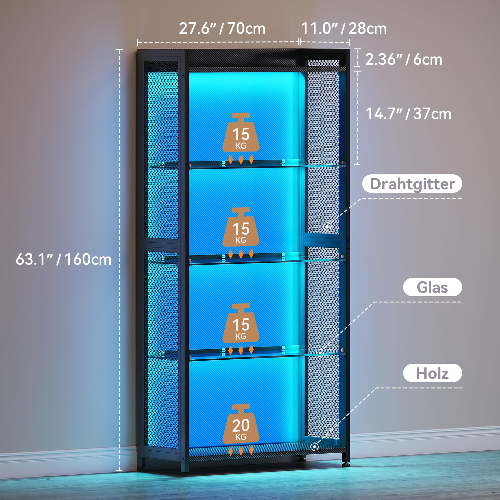 Coleshome Vitrine RGB LED 4 Ebenen, Offene Glasvitrine, 160cm, Schwarz