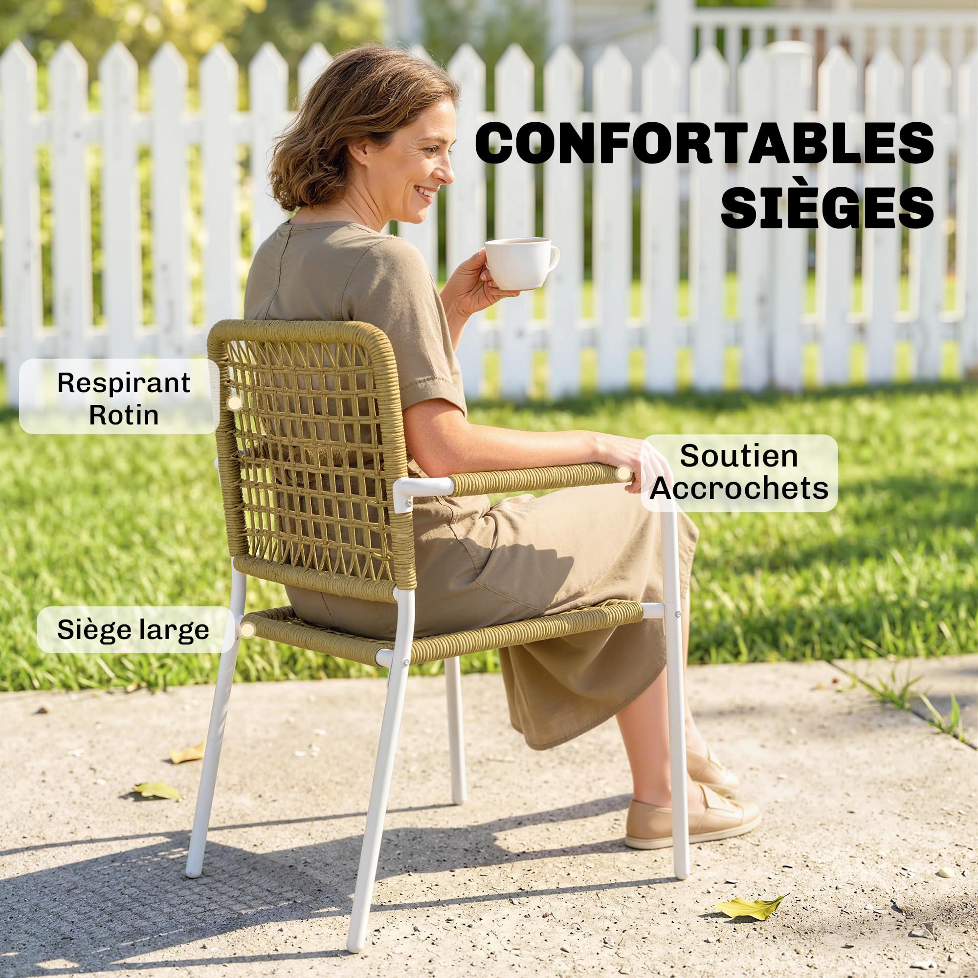 Outsunny Lot de 2 Chaises de Jardin en Résine Tressée Empilables Jaune | Chaise de Salle à Manger, avec Accoudoirs et Dossier, Fauteuil de Jardin Exterieur, pour Balcon Terrasse Patio