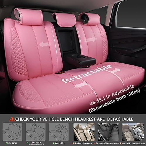 Miniatura 6 de CAR PASS Juego completo de fundas de asiento de automóvil de piel sintética rosa napa lindas para mujer, impermeables, acolchadas, ajuste universal