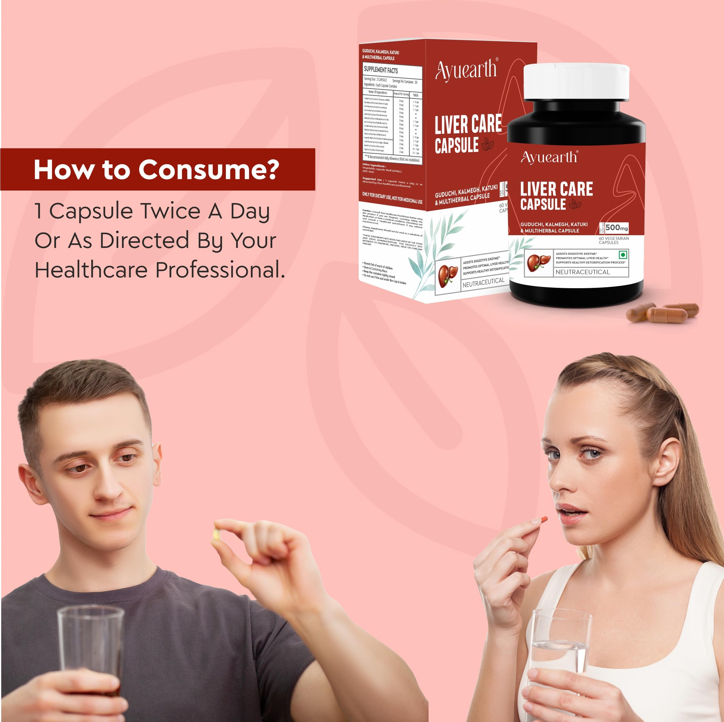 Ayuearth Liver Care Capsule 500 mg | Liver Detox | Guduchi, Kalmegh, Katuki & Multi Herbal Capsule | Promotes Liver Health | Support Fatty Liver | Improves Digestion | 60 Vegetarian Capsules 4