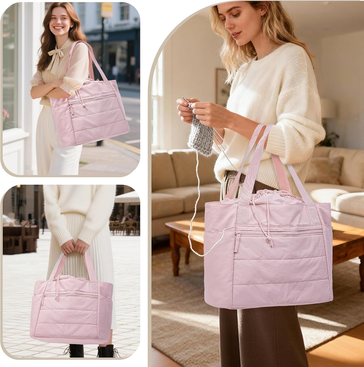 Teamoy Large Knitting Bag Tote, Puffer Yarn Storage Bag, Drawstring Crochet Bag Organizer for Yarn Skeins and Crocheting Supplies, Pink