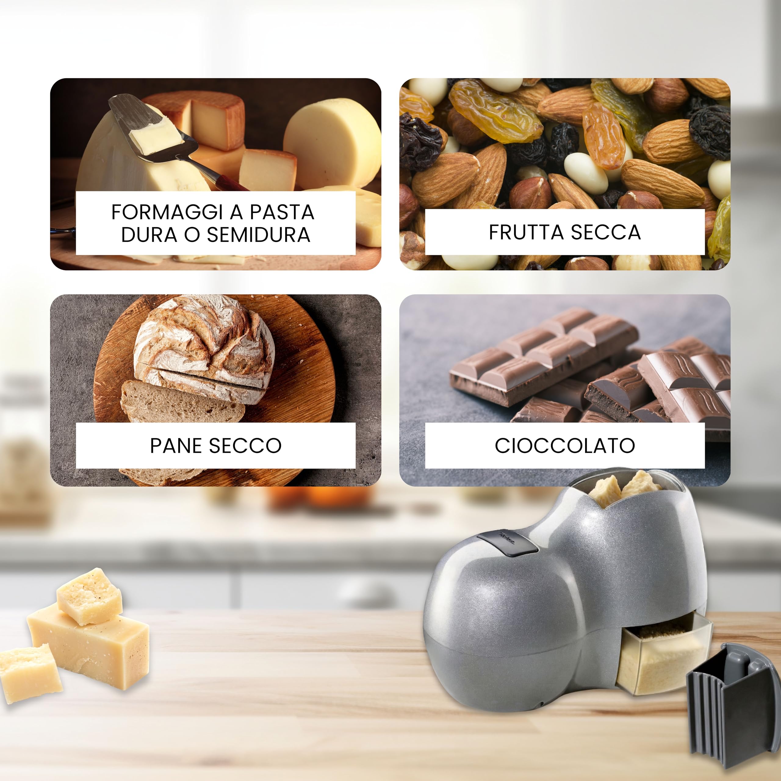 Reber Grattugia Elettrica per Formaggio 140W - Ideale per Parmigiano, Pane Secco, Cioccolato e Frutta Secca - Uso Continuo senza Soste - Facile da Pulire - Fido Silver