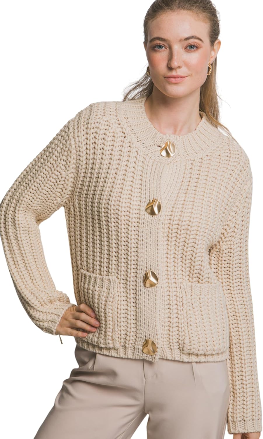 Love Tree Women's Chunky Knit Gold Button Detail Cardigan Sweater