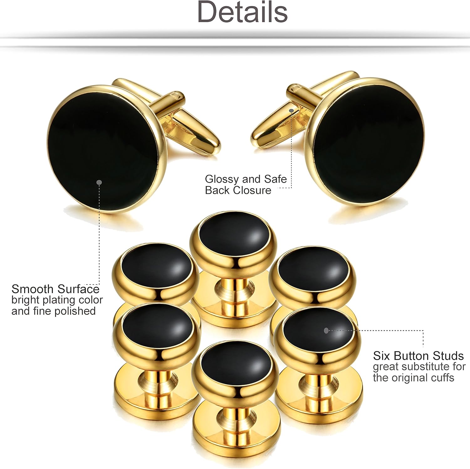 ORAZIO Cuff Links Mens Stainless Steel Cuff Links and Studs Set Gold Black Cufflinks for Men Tuxedo Studs Buttons for Formal Kit Business or Wedding Shirts - Image 2