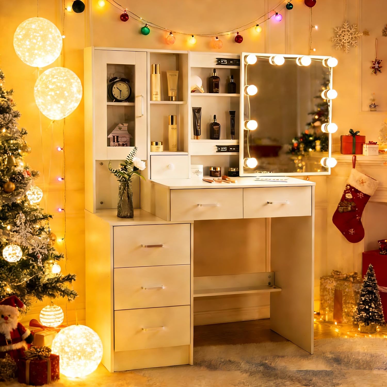 Vanity Desk with Mirror and Lights,Makeup Vanity 6 Drawers 8 Storage Shelves,3 Lighting Modes & Adjustable Brightness for Bedroom,White,39.5" L*15.8" W*55.2" H