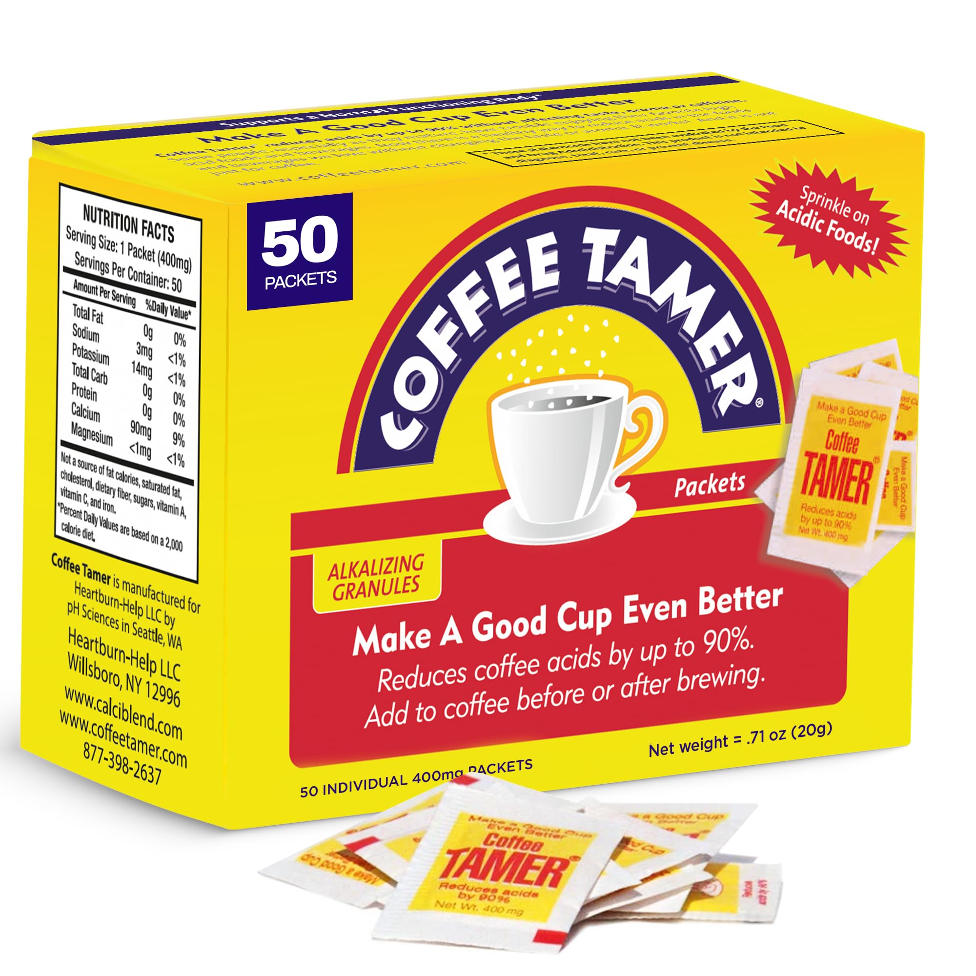 Coffee Tamer Acid Reducer Powder 50 Pack Box - All Natural Coffee Acid Reducer, Alkalizing Granules Reduce Acidity By 90%, Keto Friendly, Sugar-Free, Non-GMO, Preserves Original Flavor