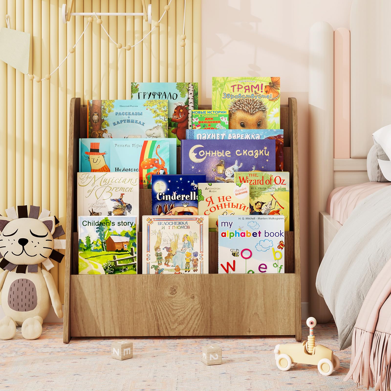 COSTWAY Bibliothèque Enfant en Bois à 4 Niveaux de Compartiments Ouverts, Étagère à Livres avec Patins Antidérapants, Meuble Rangement Jouet Montessori pour Bureau Chambre d’Enfant, 57,5x26,5x59cm
