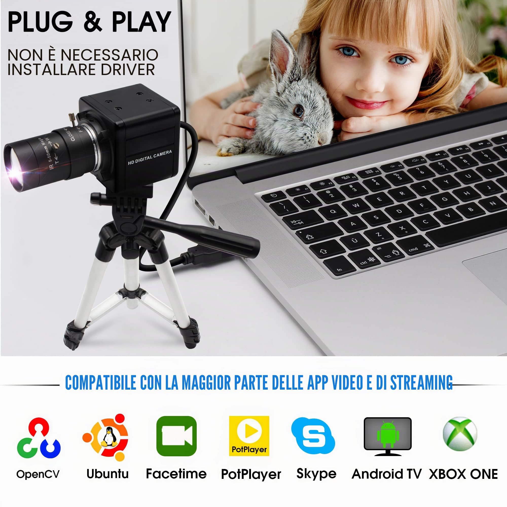 Fotocamera Web 4K, ultra HD IMX317, con obiettivo zoom da 5 – 50 mm, 3840x2160 @ 30 fps,2160P USB Videoconferenza webcam per Windows/Linux/Raspberry Pi USB4KHDR01-MFV (5-50)