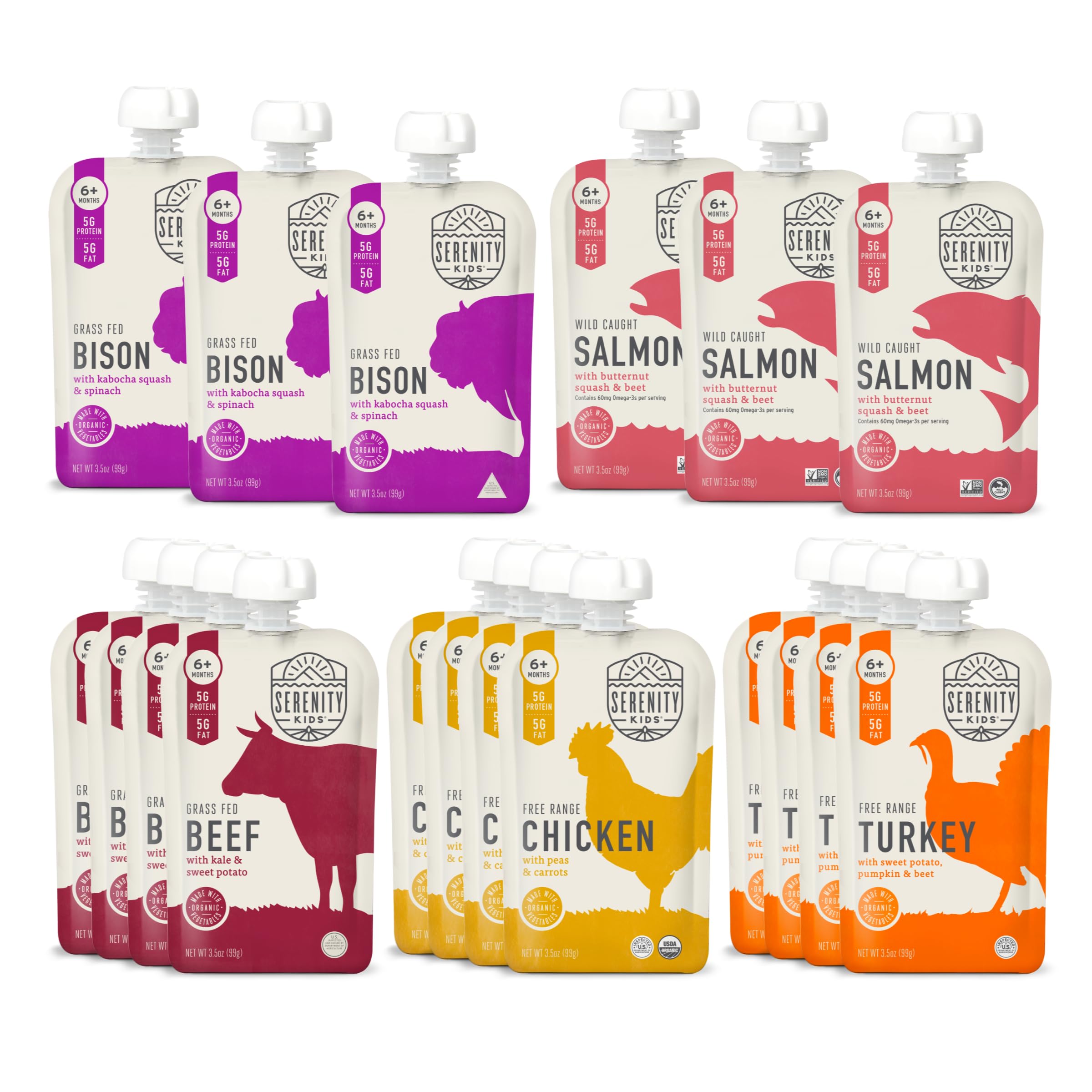Serenity Kids 6+ Months Ethically Sourced Meat Baby Food Puree Pouches Variety Pack - 18 count (3.5 oz pouches) - No Added Sugar or Sugary Fruits - BPA & Allergen Free Natural Ingredients