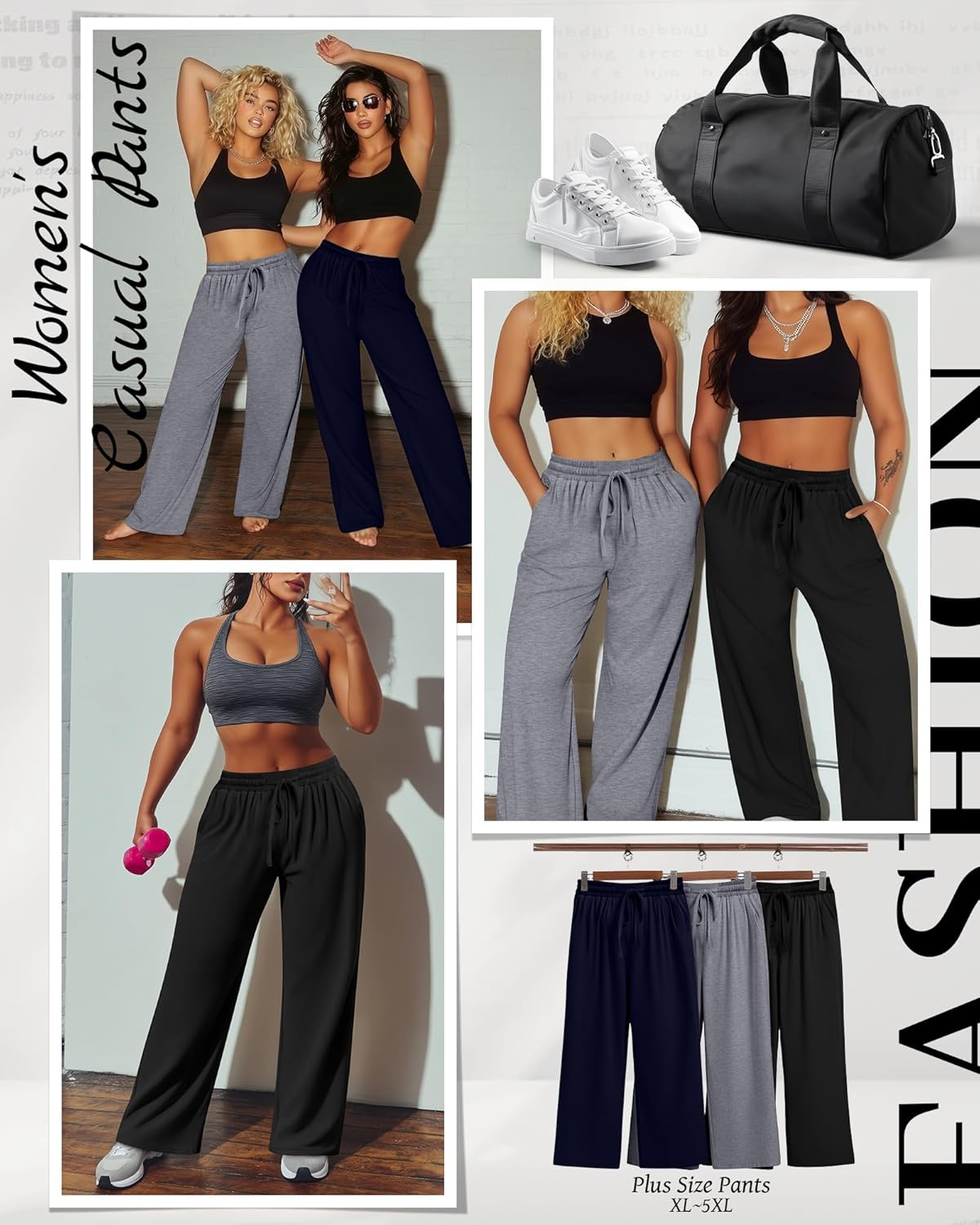 Neer 3 Pack Women's Plus Size Pants Wide Leg Lounge Yoga Pants Casual Baggy Drawstring High Waist Sweatpants with Pockets - Image 3