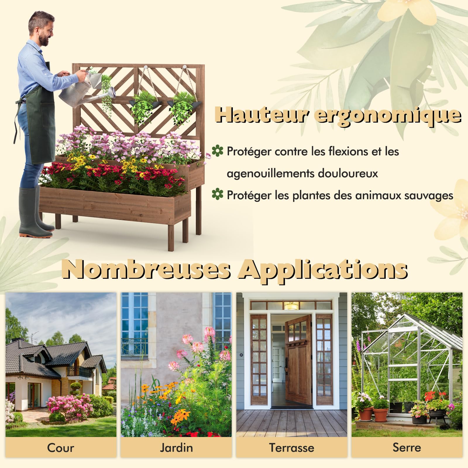 COSTWAY Jardinière 2 Niveaux avec Treillis en Bois de Sapin avec Trou de Drainage, Bac à Fleurs pour Plante Grimpante, Lit de Jardin Résistance aux Intempéries 109 x 62 x 135 cm (Marron)