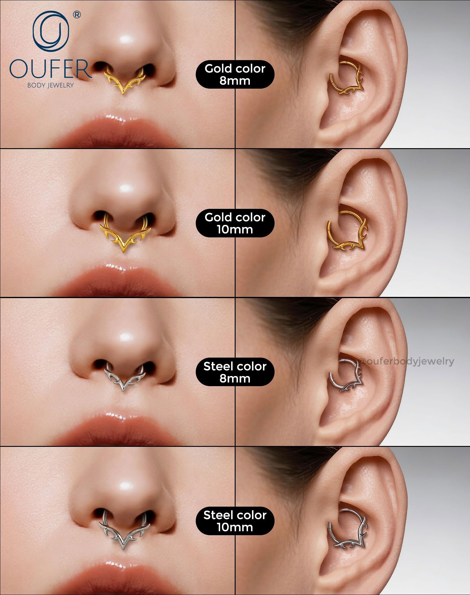OUFER 16g Septum Rings, Blade Wings Septum Jewelry, V Shape Hinged Segment Clicker, Hypoallergenic Surgical Steel Nose Rings Hoops, Helix Daith Tragus Conch Piercing Jewelry for Women Men Silver/Gold: Silver 16G 10MM