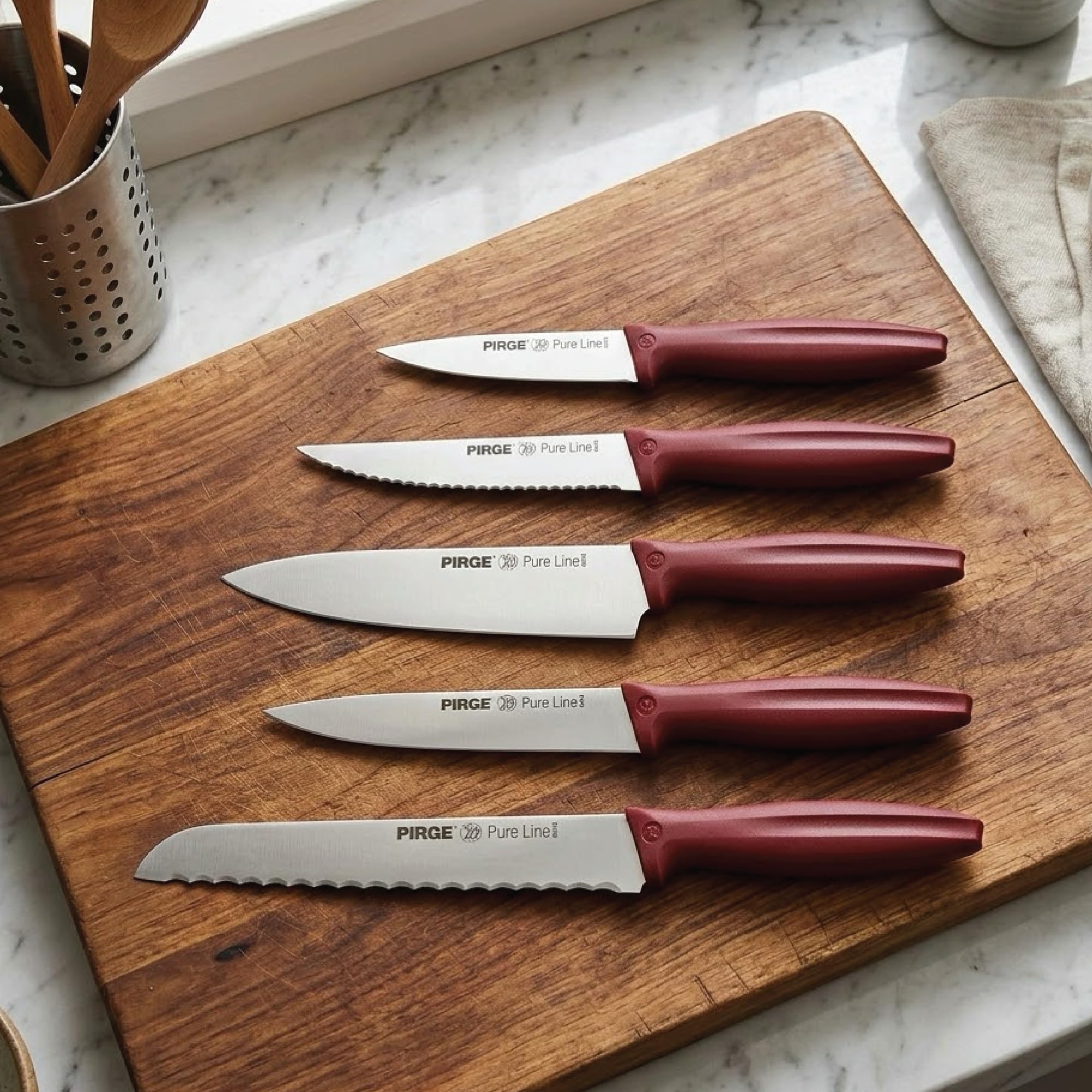 Pirge Set di coltelli da cucina Pure Line con ceppo, 6 pezzi in acciaio inossidabile - Set di coltelli con ceppo in legno di carpino - Acciaio inossidabile tedesco ad alto tenore di carbonio 54 HRC