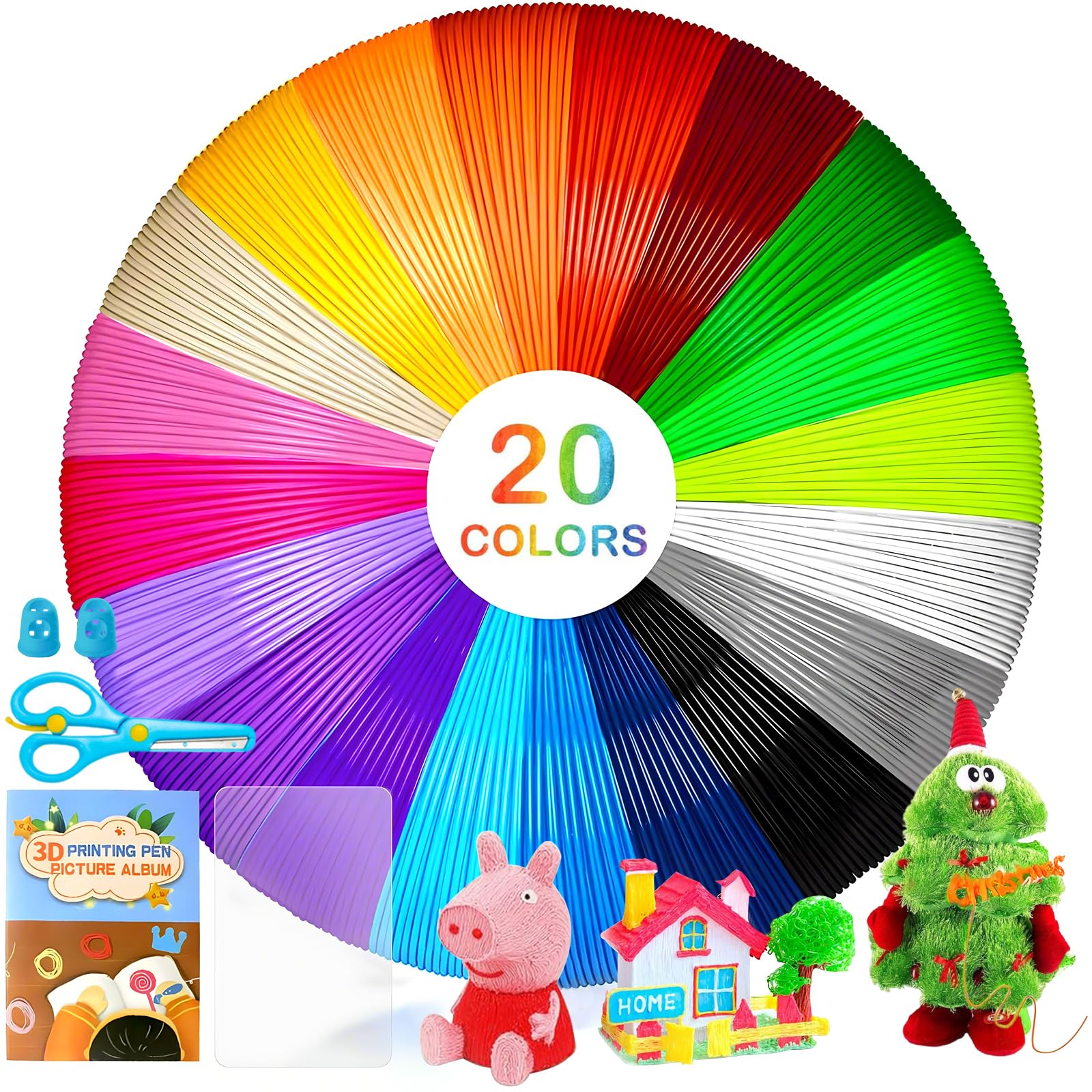 Pizsieat Bolígrafo 3D Filamento PLA 1.75 mm, 20 Colores Filamentos Lapiz 3D, 5M Cada Uno, PLA Fils 3D Pen con 42 Plantillas de Patrones para ODRVM, Tecboss, Lovebay (No Incluye Boli 3d)