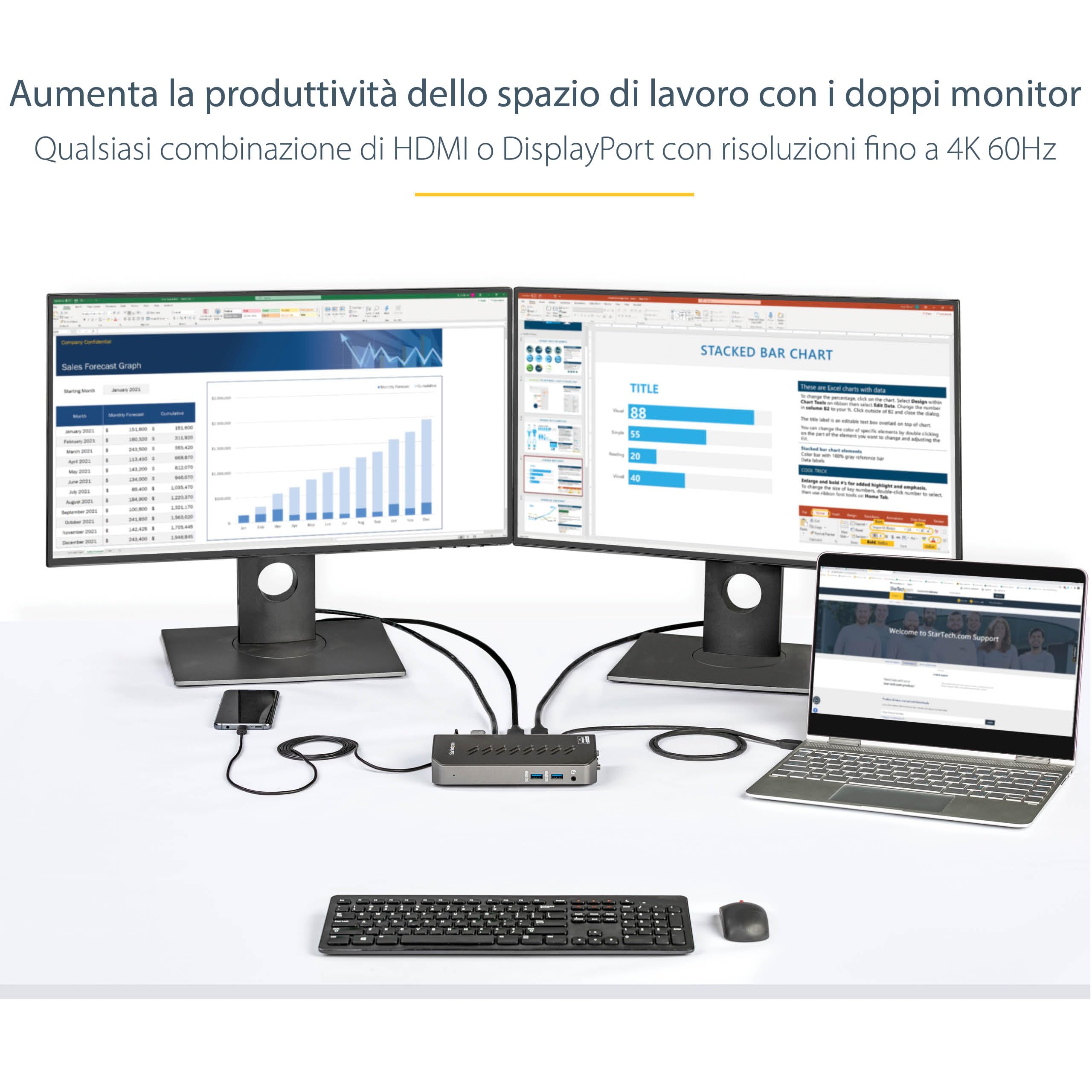 StarTech Dock Ibrido USB-C USB-A Universale Doppio 4K DisplayLink, 6x USB-A | Hub a 6 porte USB-A, Doppio monitor 4K a 60Hz, Ideale per multi monitor, Tecnologia ibrida