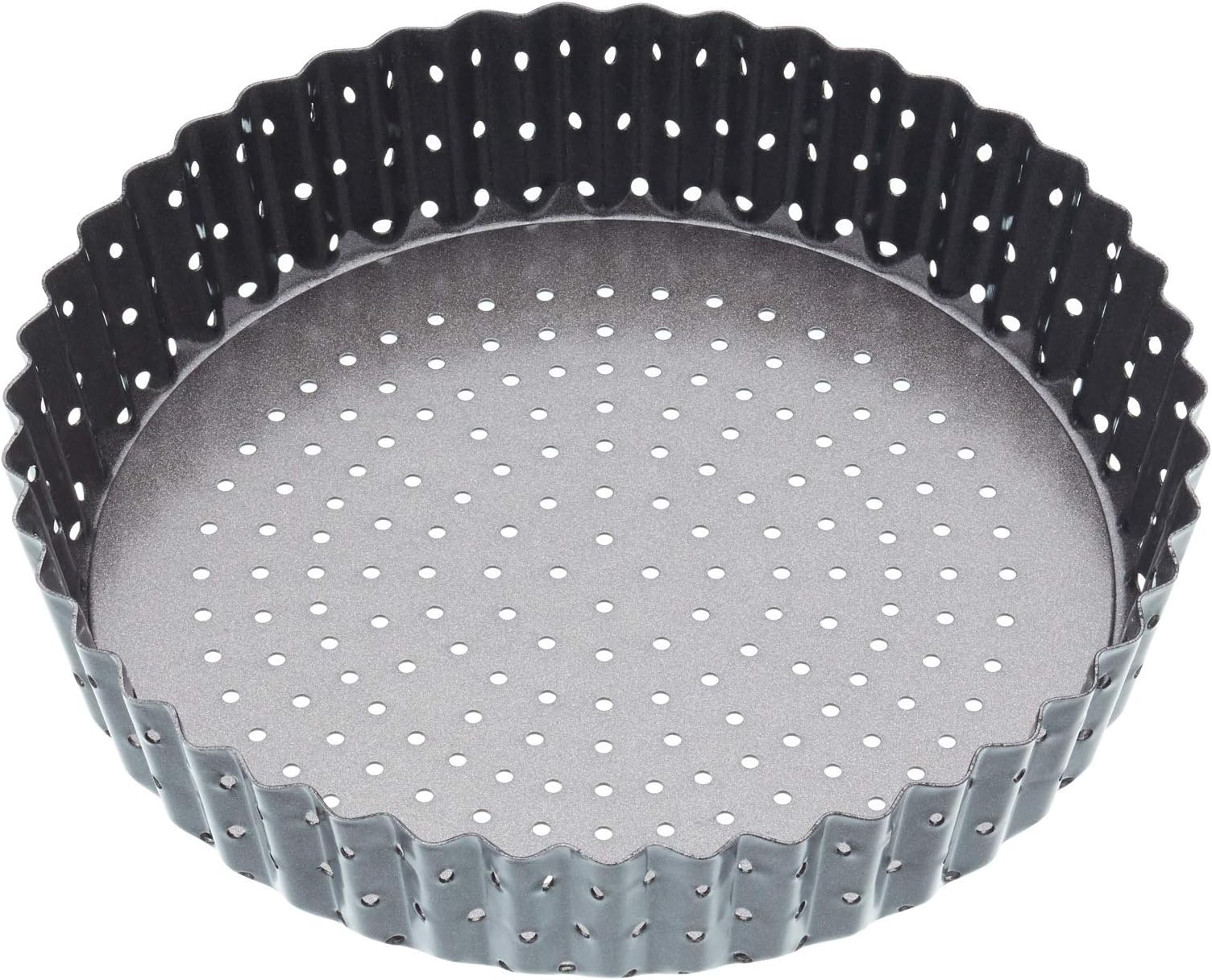Crusty Bake 18 cm Perforated Quiche Tin with PFOA Non Stick and Loose Bottom, Fluted, Robust 1 mm Carbon Steel, Grey