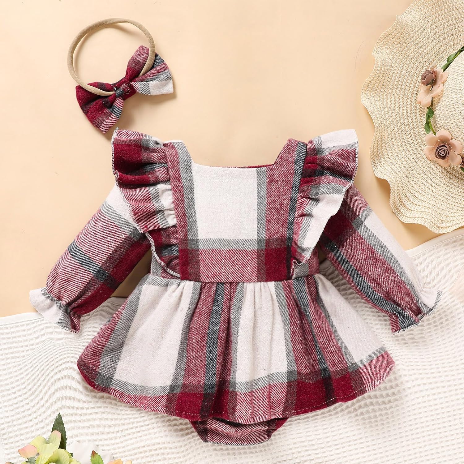 Newborn Baby Girl Fall Winter Clothes Plaid Long Sleeve Romper Buttons Outfit Ruffles Dress with Bow Headband - Image 8