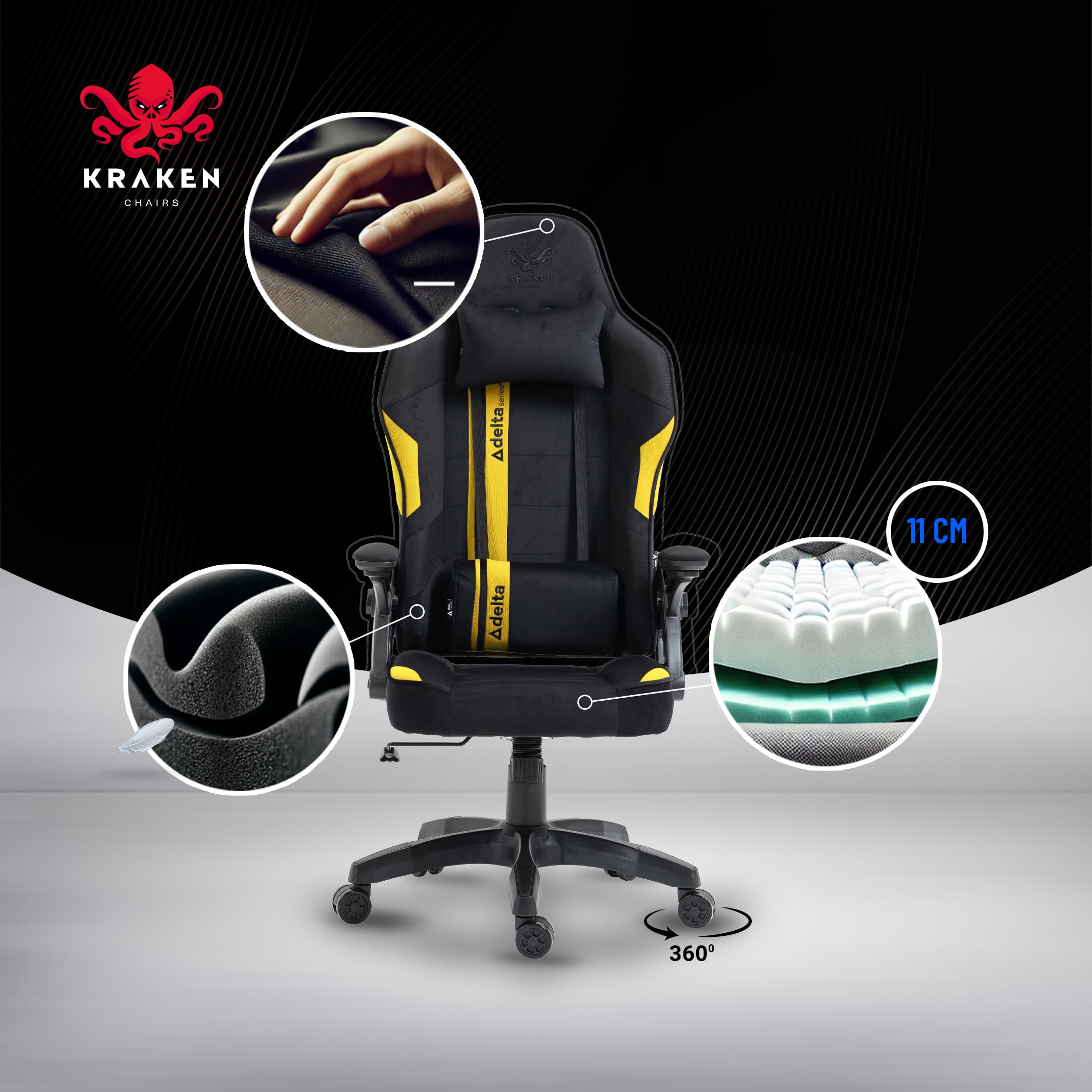Sedia Gaming Tessuto Velluto - Giallo Poltrona Gaming Ergonomica Con Cuscino Lombare, Poggiatesta, Braccioli 2D E Dondolo, Sedia Ufficio Con Schienale 120°, Portata 130 kg