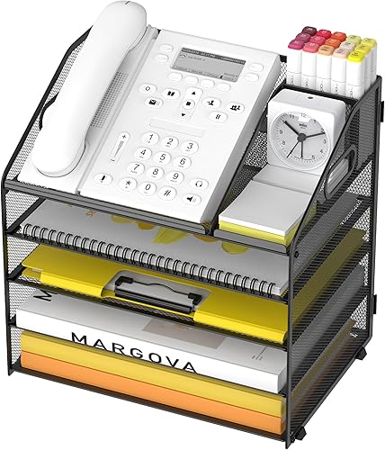 Vista 11 de Bandeja de papel para cartas, organizador de escritorio de 4 niveles con soporte para bolígrafo y asa, organizador de archivos de malla, 4 niveles