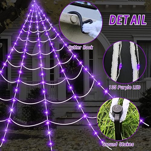 Miniatura 5 de Luces de telaraña para decoración de Halloween al aire libre de 16.4 pies de telaraña gigante, decoración iluminada, 135 luces LED moradas para