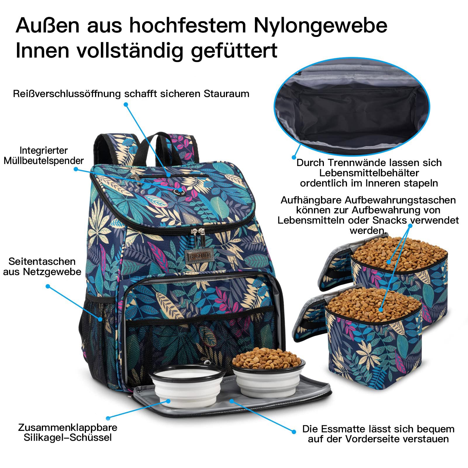 BAGLHER | Borsa da viaggio per cani, zaino per animali domestici approvato per voli aerei, zaino da viaggio per cani con 2 ciotole pieghevoli in silicone e 2 cestini per cibo