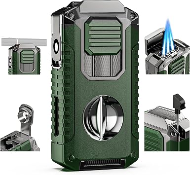 5-in-1 Torch Lighter with V-Shape Shear, Punch, Holder, and Draw Enhancer, Triple Windproof Flame, All-in-one Lighter with Multi-Functional Accessory, Refillable Butane Lighter with Gift Box for Men