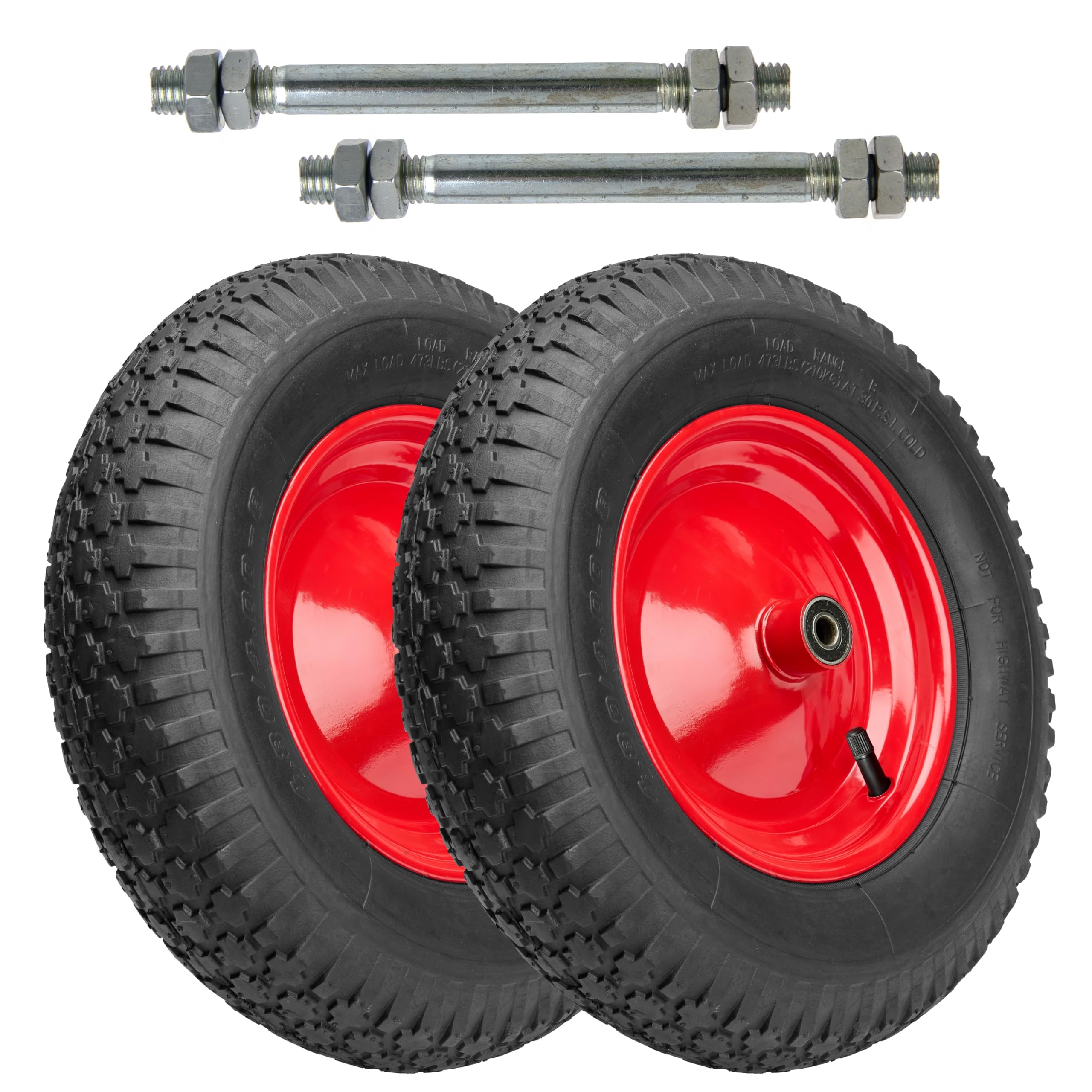 Garronda 2er Pack Ersatzrad Schubkarre 4.80/4.00-8 Schubkarrenrad Ø 390 mm Luftreifen 2PR Reifen bis 210 kg mit Achse Stahlfelge Kugellager für Gartenwagen Hof Baustelle GD-0163, Schwarz-Rot