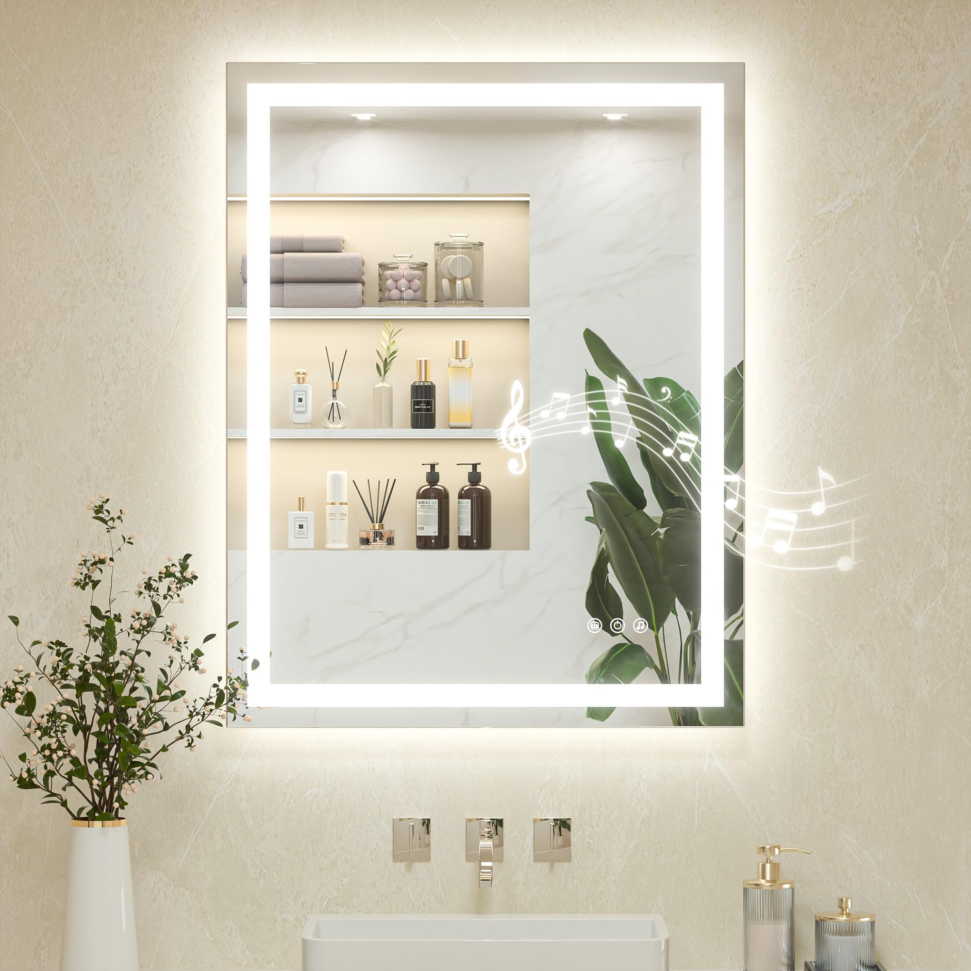 Keonjinn 70x90cm Bluetooth Bathroom Mirror with LED Lights, Antifog Vanity Mirror with Lights Back and Front Lit 3 Colour Dimmable Illuminated Wall Mounted Rectangle Digital Mirrors