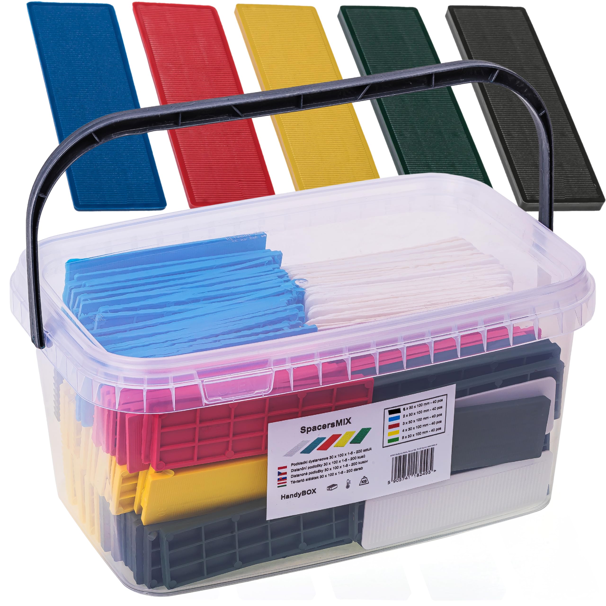 INTAKO Verglasungsklötze Kunststoff - 30 x 100 mm - Sechs Höhen von 2 bis 6 mm - Abstandhalter - Distanzklötze - Unterlegplatten - Fensterklötze (30mm - 2-6mm - 200 Stück (Kunststoffbox))