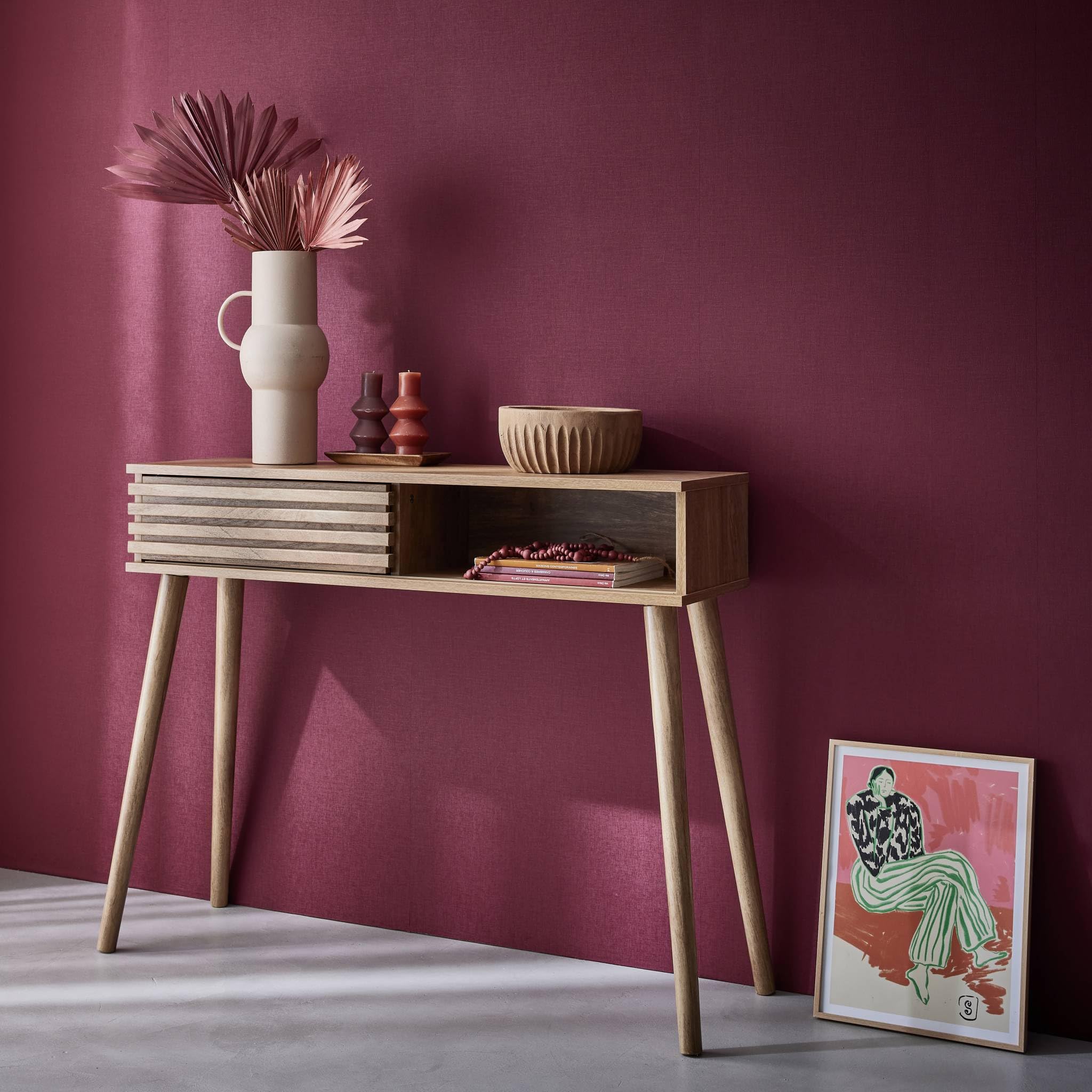 Alice's Garden sweeek - Console scandinave décor Bois avec 1 Porte coulissante rainurée 2 niches de Rangement