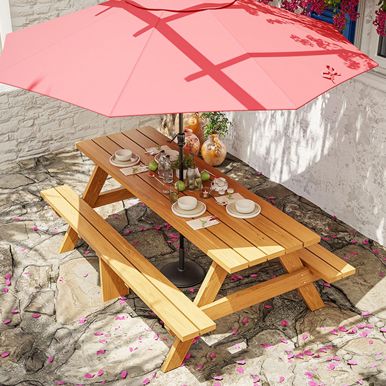 Drewniany zestaw stołów piknikowych na zewnątrz dla 6 osób z ławkami i otworem na parasol – idealny na kemping, patio, do ogrodu, trawnika i jadalni na podwórko (120 x 55 x 60 cm)