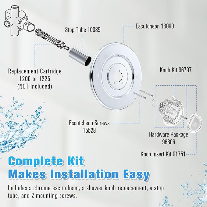 Kit de Terminación para Duchas Compatible con Moen Chateau T470 (Cromado, Perilla) | Terminación para Bañera y Ducha para Válvula Estándar de Mango Único, Tornillos para Escudete, Tubo y Perilla miniatura 6