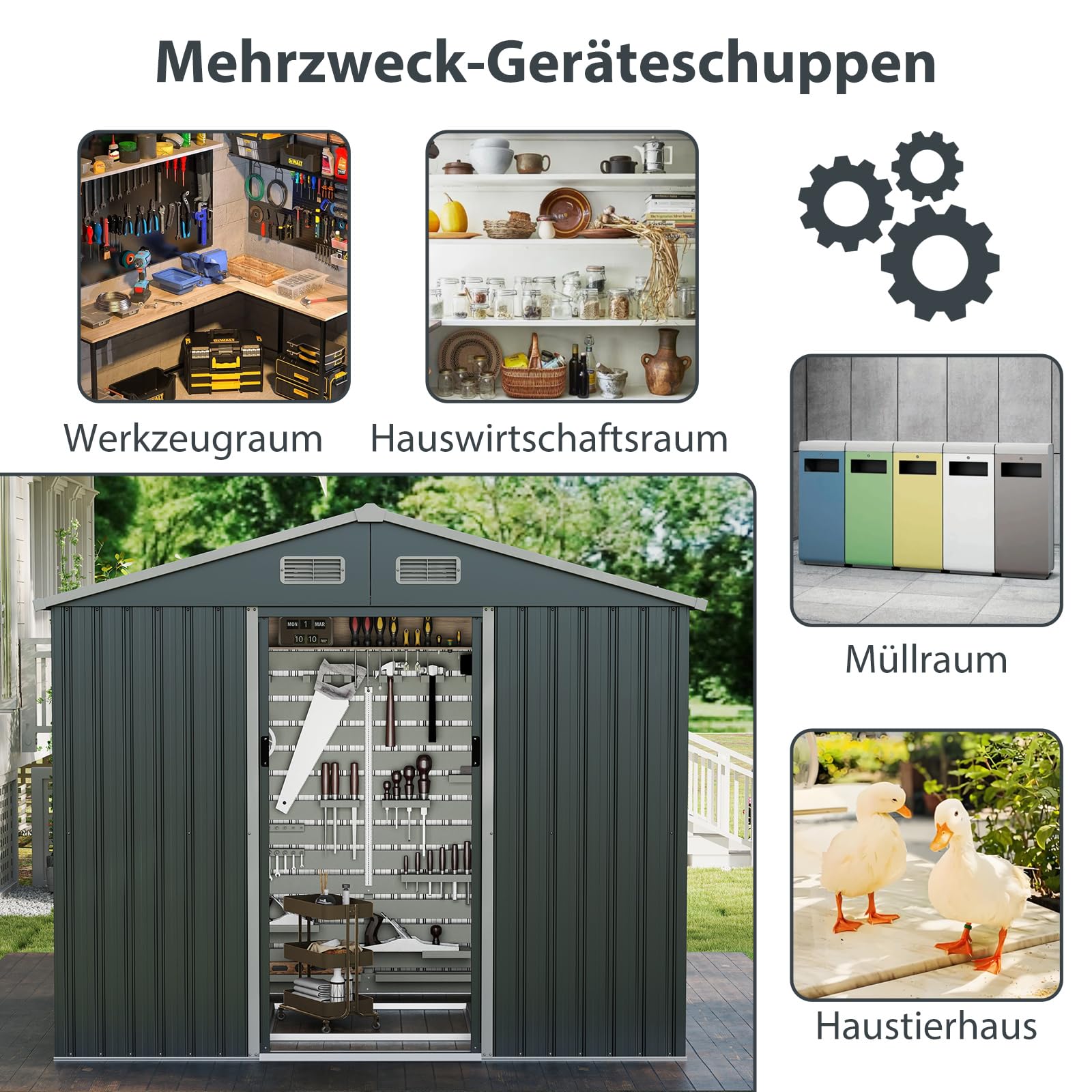 COSTWAY Geräteschuppen, Gerätehaus Metall mit Pultdach & Schiebetüren, Gartenhaus mit 4 Luftventile & Bodenbasis, Fahrradgarage Gartenschuppen für Garten, Rasen, Terrasse, 235 x 171 x 196 cm