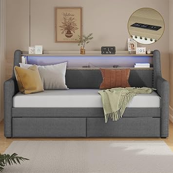 Twin Size Daybed with Storage Drawers and LED Light, Linen Twin Bed Frame with Charging Station and Storage Headboard, Sofa Bed for Living Room Bedroom Guest Room, Wood & Metal Frame