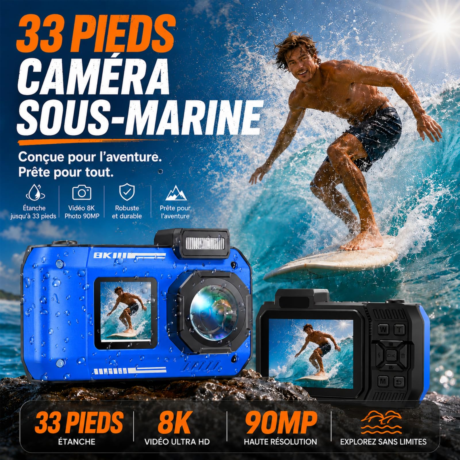 MaxMango D50 33FT Appareil Photo Numérique Etanche，8K 70MP Caméra sous-Marine avec 16 Go de Stockage, Double écran 18x, Résistante à la Poussière et Aux Chocs, Autofocus - Bleu