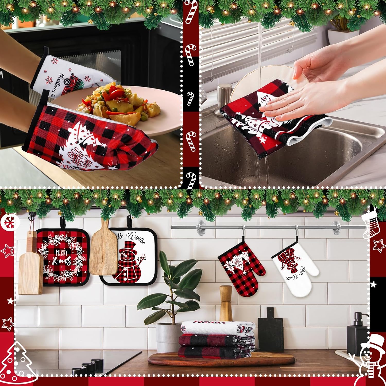 Pickmesh 12 Pcs Christmas Kitchen Towels and Oven Mitt Sets 4 Buffalo Oven Mitts 4 Snowman Dish Towels and 4 Plaid Pot Holders Xmas Tree Cooking Accessories for Winter Holiday Decoration Home Baking