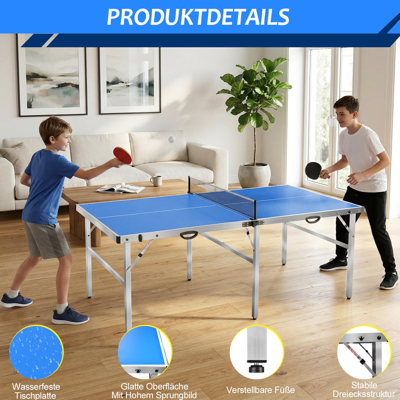 Klappbarer Tischtennistisch, 182 x 91 x 76 cm, wetterfest, mit Griff und Netz, inklusive Zwei Schlägern und Ball, geeignet für Innen- und Außenbereich