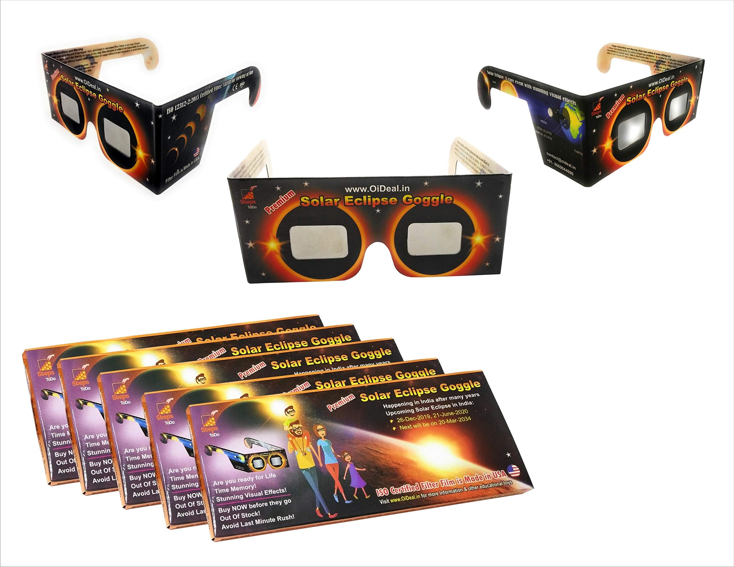 StepsToDo (with device) Premium Solar Eclipse Goggle. Sun Viewer Glasses ISO Certified (Set of 5