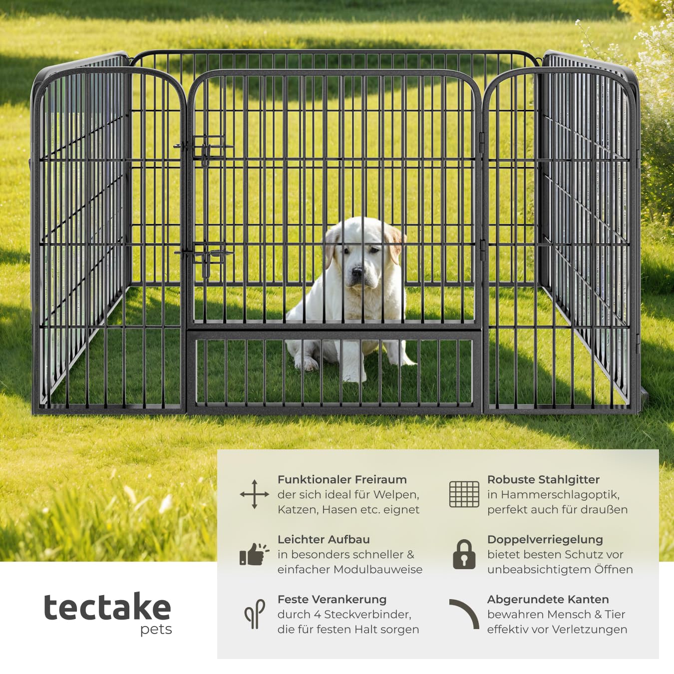 tectake Welpenauslauf 70 cm hoch, 4 Gitter, Welpenlaufstall, Freigehege, Tierlaufstall faltbar, Freilaufgehege, Hundelaufstall mit Tür, für Hunde, Katzen, Hasen, Meerschweinchen, Kleintiere - schwarz