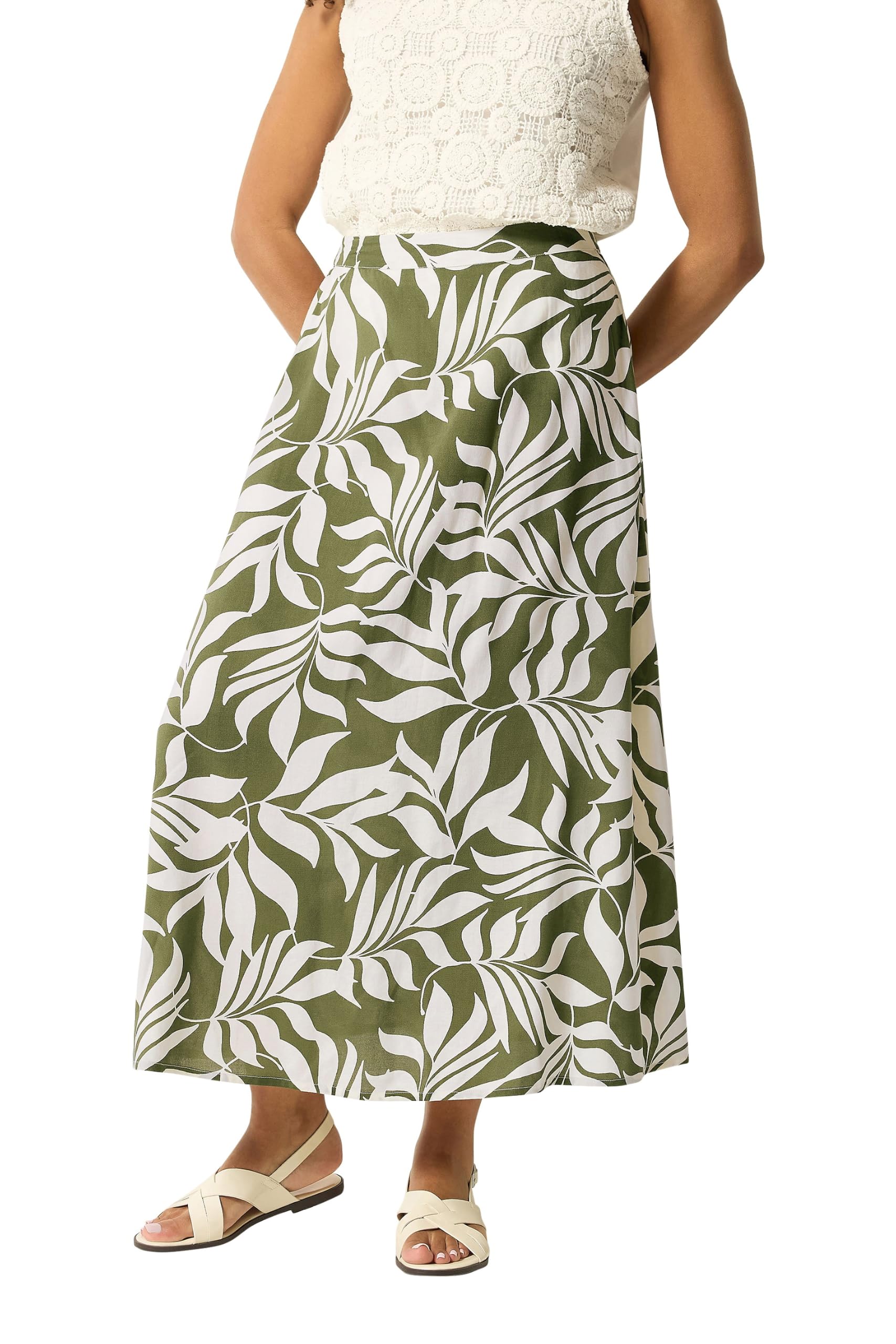 M&Co Women's Light Khaki Leaf Print Midi Skirt In | Size: 16