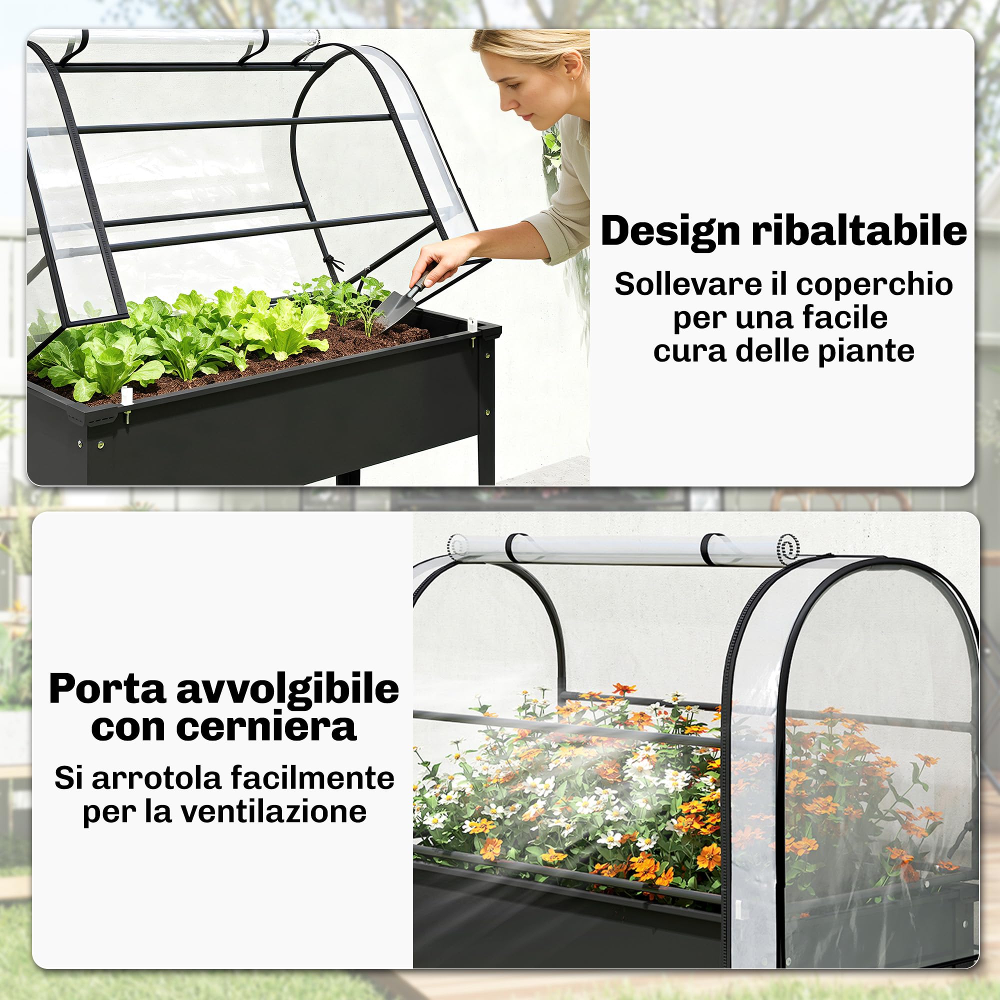 Outsunny Letto per Orto Rialzato con Serra Copertura Protezione, Fioriera da Esterno Rialzata in Metallo con Foro di Drenaggio, per Piante, Fiori, Verdure, Giardino Terrazza Balcone, Nero
