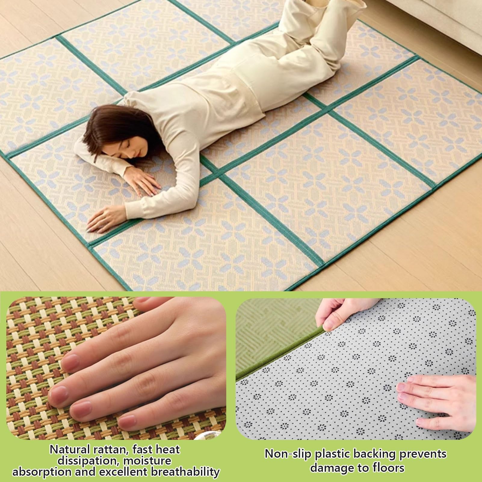 Materac Tatami, antypoślizgowa, składana mata do spania z torbą do przechowywania, oddychająca rattanowa mata do zabawy do salonu i sypialni, idealna powierzchnia do raczkowania (130 x 195 cm)