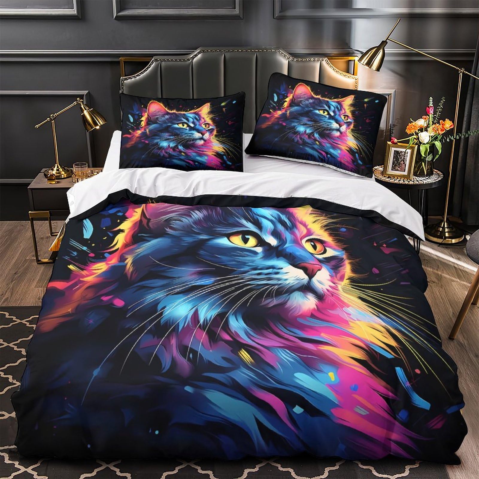 Housse de couette chat 3D parure linge de lit fantaisie 220x240cm avec taies d'oreiller