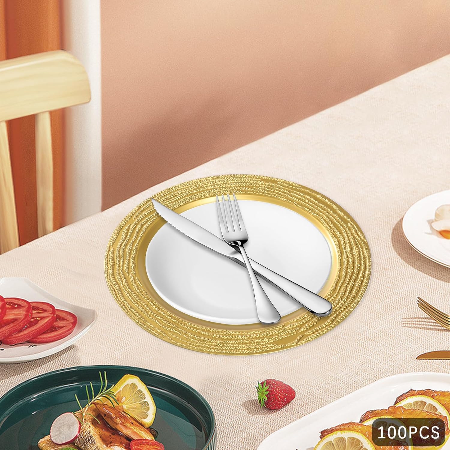 13in Antique Charger Plates,100 Pcs Round Plastic Decorative Round, Reusable Antique Charger Plates for Dinner Wedding Party Table Setting Decoration, Gold