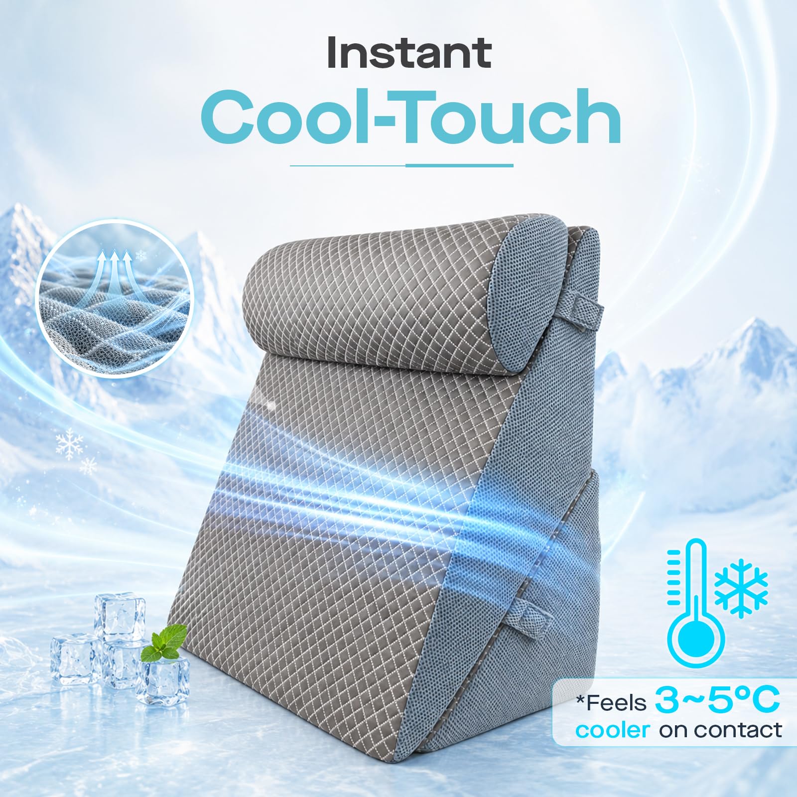 Agrish Almohada cuña refrescante para Adultos | Almohada cuña 3 en 1 de espuma viscoelástica, almohada inclinada para dormir, soporte lumbar para sentarse en la cama