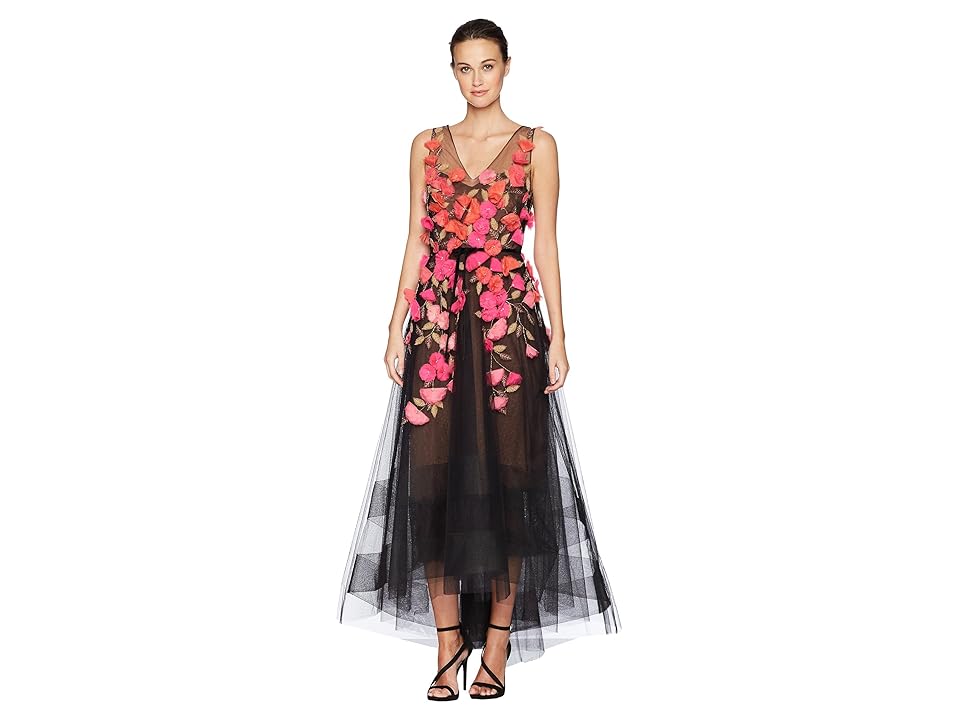 

Marchesa Notte Sleeveless V-Neck Hi-Lo Gown w/ 3D Degrade Flowers (Black) Women's Dress