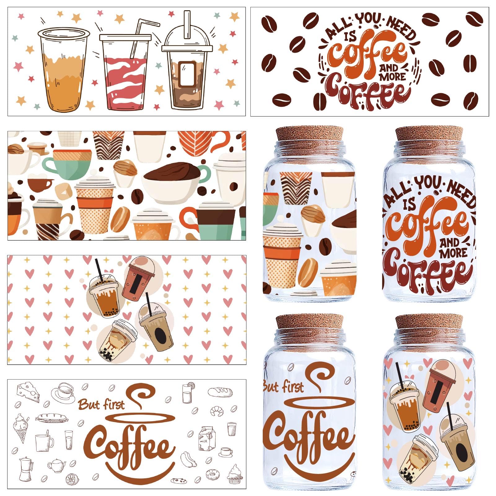 CREATCABIN 5 Sheets Coffee Transfer Stickers for Glass Cups Rub on Transfers Decal UV DTF Cup Wrap Transfer PVC Waterproof Coffee Cups Drink Stickers