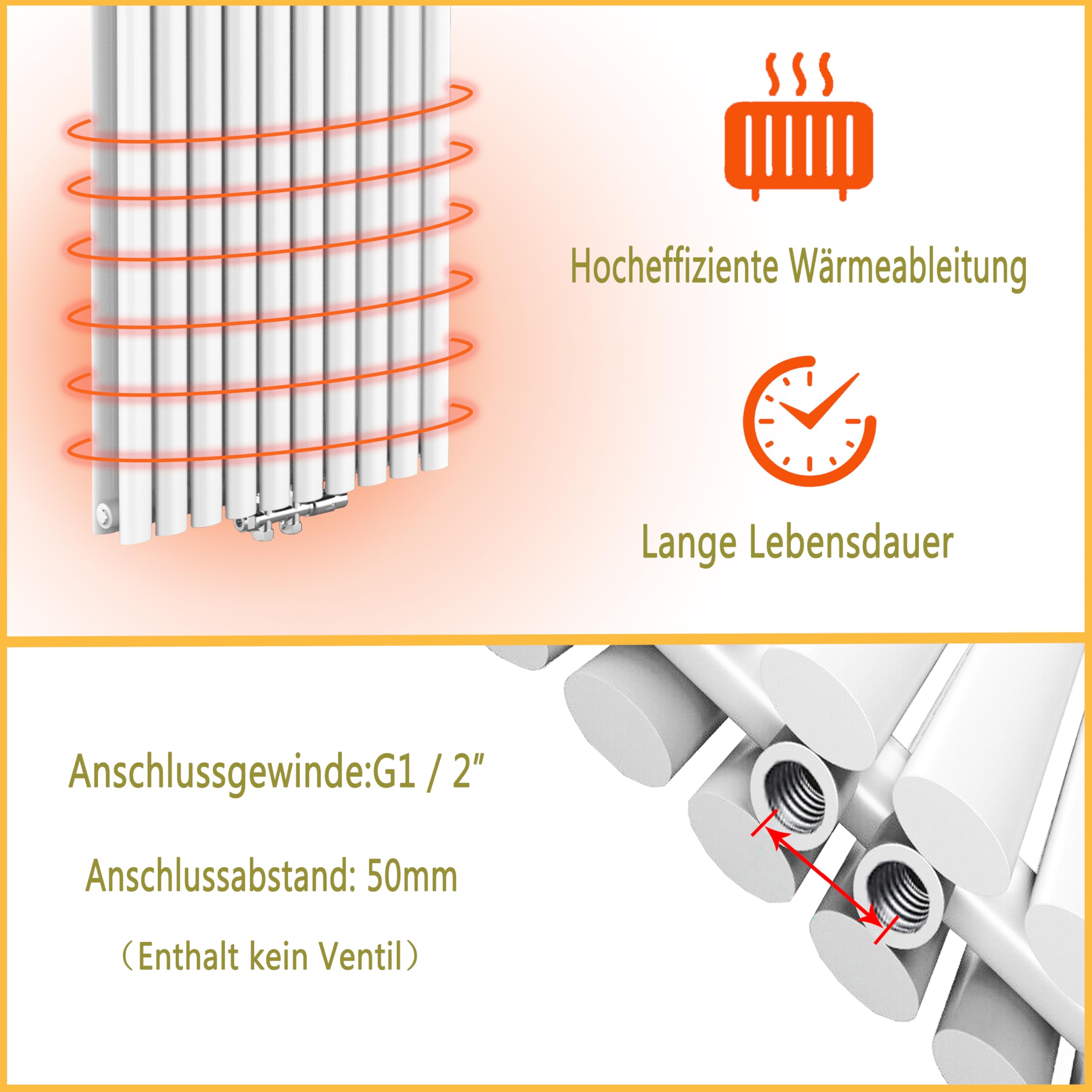 AICA Heizkörper 1800x472mm 2103W Röhrenheizkörper Doppellagig Weiß