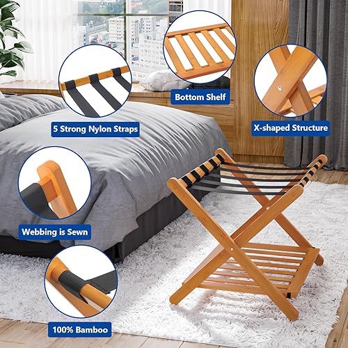 Miniatura 52 de Smuxee Portaequipajes de nogal totalmente montado, soporte de maleta plegable de bambú mejorado con 5 correas de nailon, soporte de equipaje