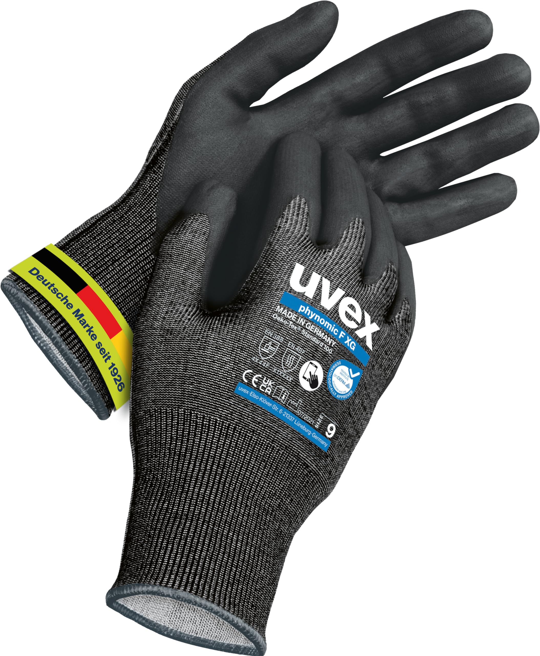 Uvex phynomic F XG, 1 Paar - Schnittschutz - & Grip-Handschuh für feuchte & ölige Bereiche - feinfühlig & abriebfest - schwarz